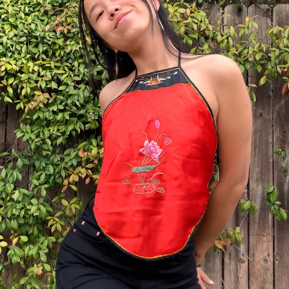 Red Silk backless embroidered top
